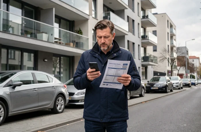 Homme vérifiant une annonce immobilière 123loger devant un immeuble résidentiel moderne en ville