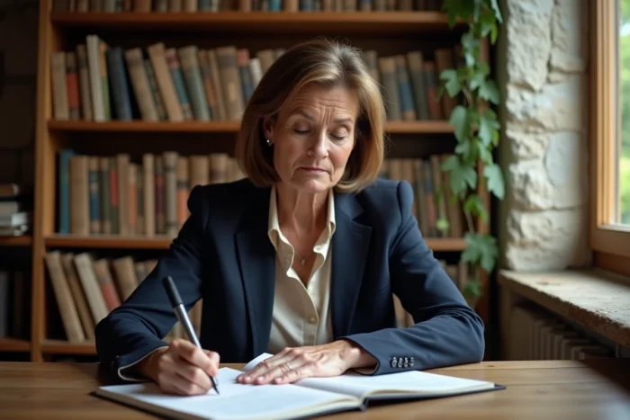 Femme intellectuelle dans les années 50 travaillant dans un bureau à domicile européen entouré de livres