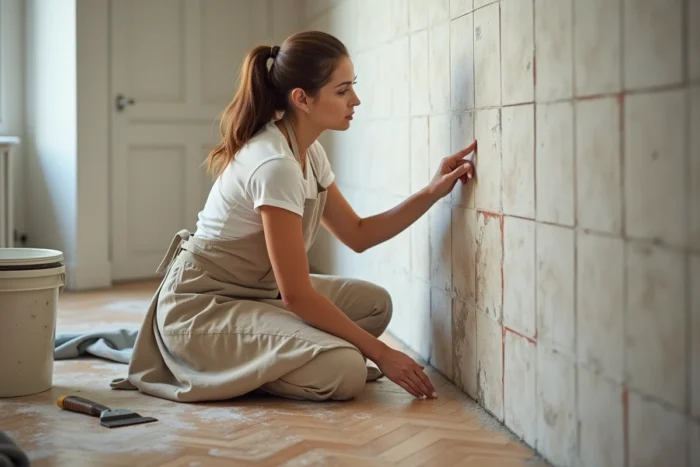 Femme inspectant des décollements de carrelage posé sur une toile de verre dans un couloir en rénovation
