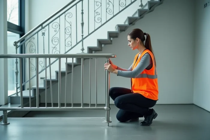 Inspectrice de sécurité vérifiant la conformité d'un garde-corps selon la norme NF P 01-012