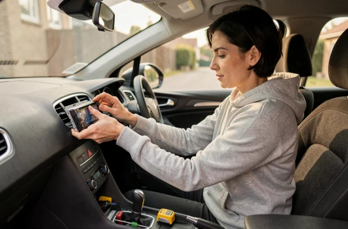 Femme installant un autoradio aftermarket dans le tableau de bord d'une Peugeot 308 lors d'un montage DIY
