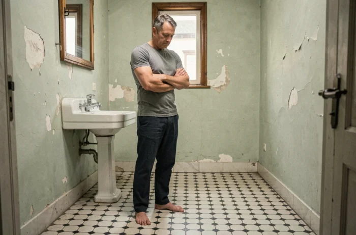 Homme debout pieds nus sur le carrelage d'une salle de bain ancienne dans une posture méditative et symbolique