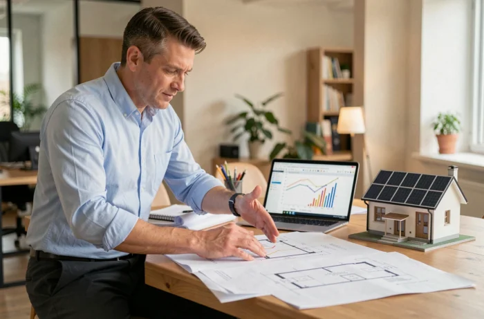 Investisseur immobilier analysant des plans d'installation solaire et des données de rentabilité dans un bureau moderne