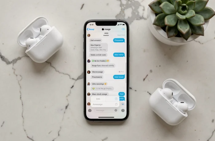 iPhone posé sur marbre affichant les options de mise en forme de texte dans un SMS iMessage