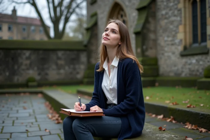 Jeune femme chrétienne en réflexion spirituelle dans un cimetière d'église avec un journal intime