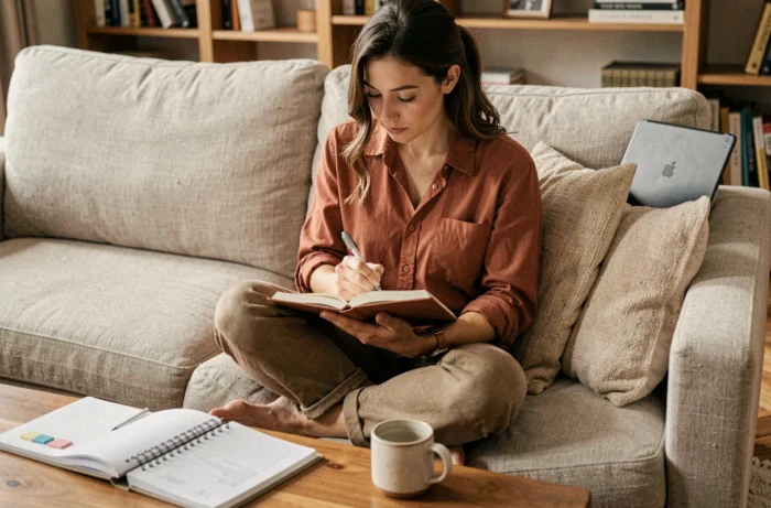 Jeune femme entrepreneur prenant des notes pour développer sa stratégie de blog professionnel depuis son salon