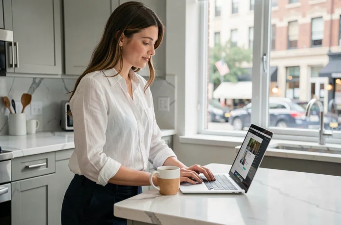 Jeune femme regardant un webinaire de formation professionnelle en ligne sur son ordinateur dans une cuisine moderne, illustrant l'apprentissage flexible pour une carrière éducative