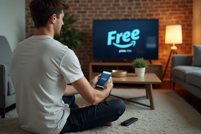 Jeune homme consultant l'application Free sur smartphone pour résoudre un problème de télécommande devant sa télévision