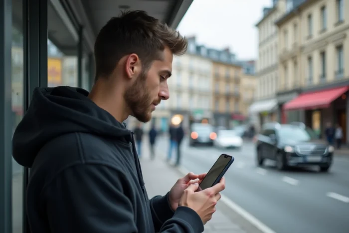 Jeune homme consultant l'application Candilib sur son smartphone dans la rue pour s'inscrire à l'examen du permis de conduire