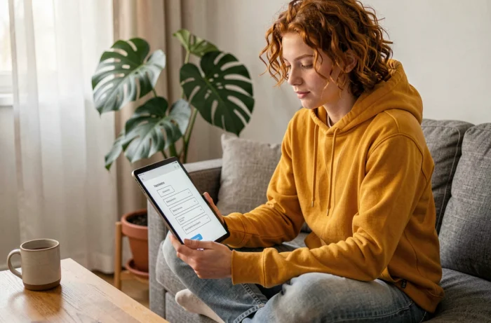 Jeune personne consultant un plan de navigation de site web sur une tablette dans un salon cosy