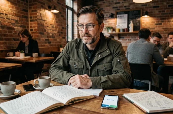 Journaliste prenant des notes sur une plateforme mystérieuse dans un café aux murs en briques apparentes