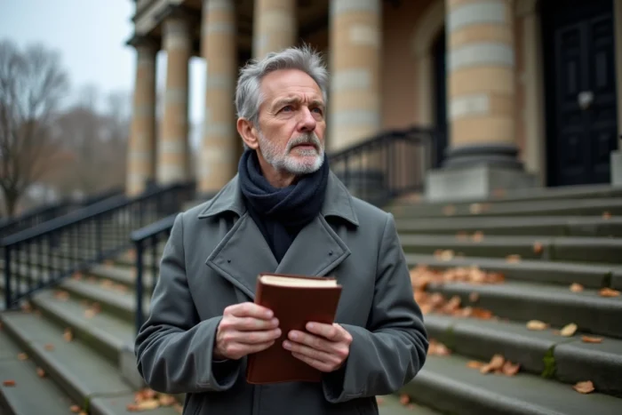 Journaliste pensif devant un palais de justice avec un carnet de notes, illustrant les nouvelles révélations sur l'affaire Ruth Finley