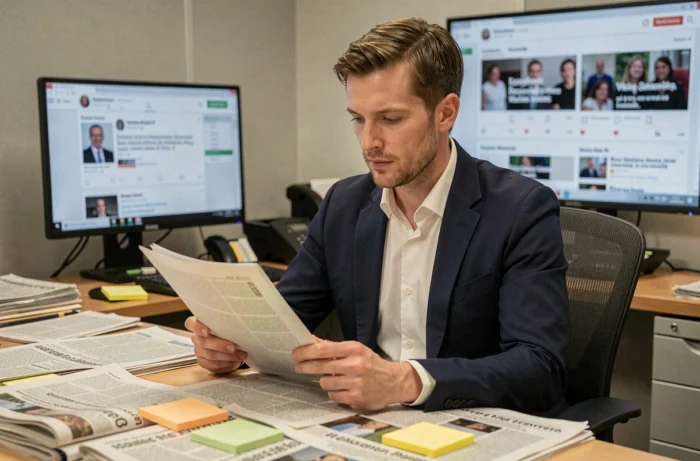 Journaliste analysant des documents dans une salle de rédaction moderne, symbolisant la vérification des rumeurs et du buzz médiatique autour de mariages entre personnalités publiques