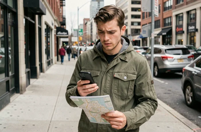Jeune homme consultant son téléphone et une carte pour localiser l'adresse officielle d'une entreprise en ville