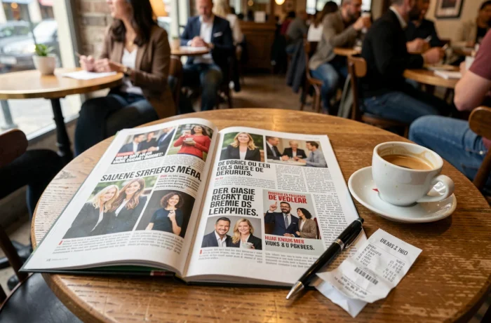 Magazine ouvert sur une table de café parisien avec des titres de presse sur des rumeurs de mariage entre personnalités politiques françaises, atmosphère authentique de lecture quotidienne