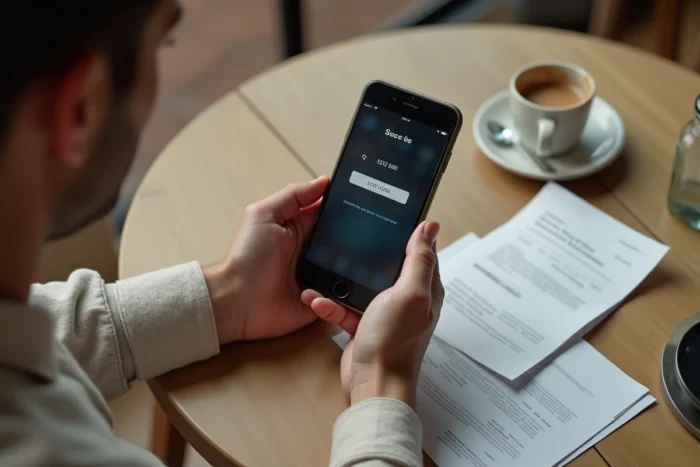 Mains tenant un smartphone affichant un code d'erreur sur une application bancaire française