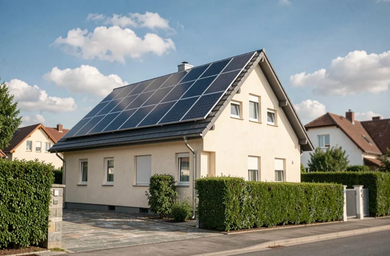 Maison résidentielle moderne avec panneaux solaires sur le toit dans un quartier pavillonnaire ensoleillé