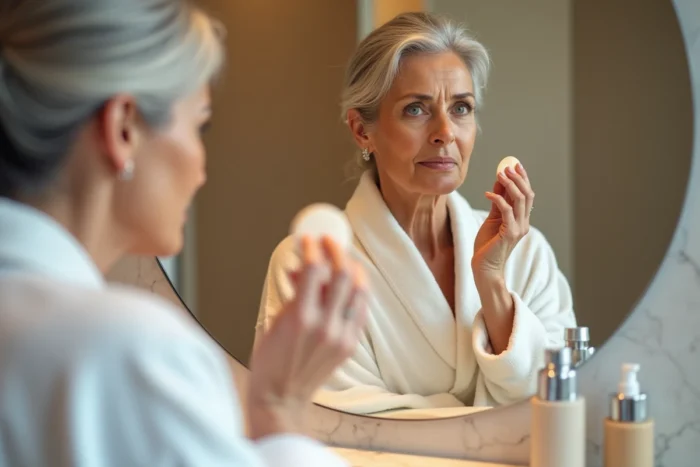 Femme mature appliquant du fond de teint avec une éponge beauté devant son miroir de salle de bain