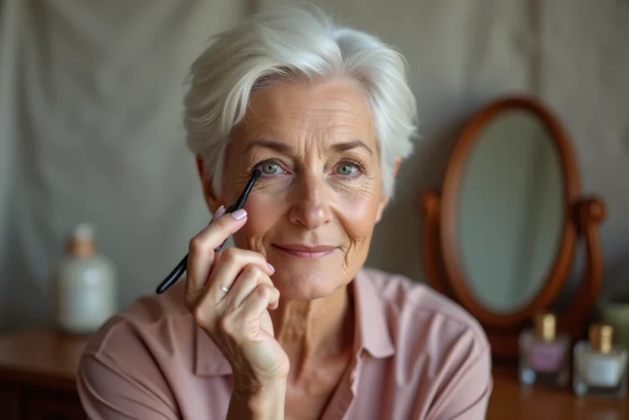 Femme de 60 ans appliquant de l'eye-liner devant une coiffeuse vintage avec soin et précision