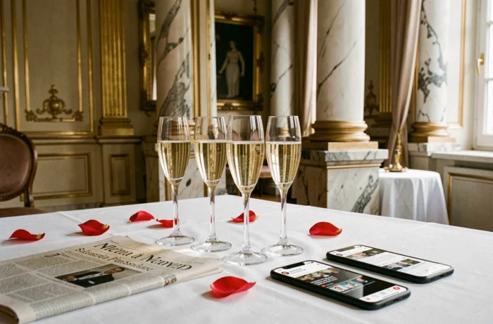 Table de réception de mariage élégante dans un salon parisien avec coupes de champagne et pétales de roses, illustrant les rumeurs de mariage entre personnalités politiques françaises