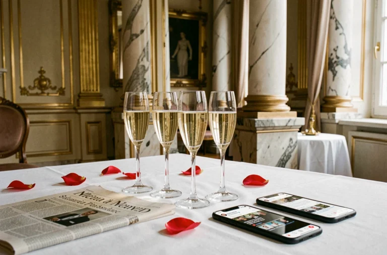 Table de réception de mariage élégante dans un salon parisien avec coupes de champagne et pétales de roses, illustrant les rumeurs de mariage entre personnalités politiques françaises
