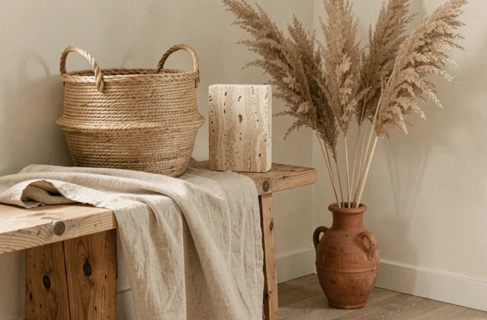 Coin décoratif intégrant des matières naturelles brutes : panier en jute, plaid en lin, pierre de travertin brut et herbes de la pampa séchées.