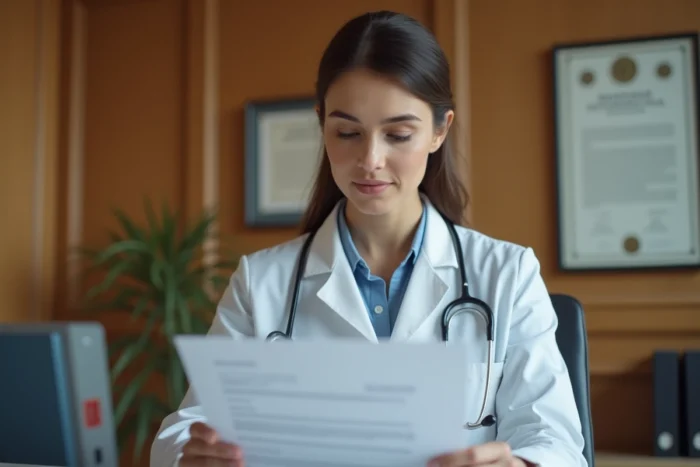 Médecin généraliste femme consultant un document officiel avec son numéro AM dans son cabinet médical en France