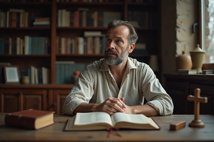 Homme chrétien en méditation spirituelle devant une Bible ouverte dans un bureau studieux