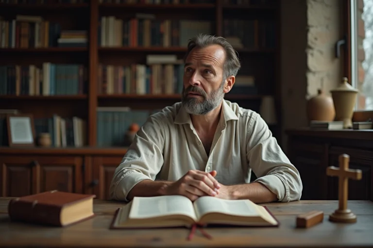 Homme chrétien en méditation spirituelle devant une Bible ouverte dans un bureau studieux