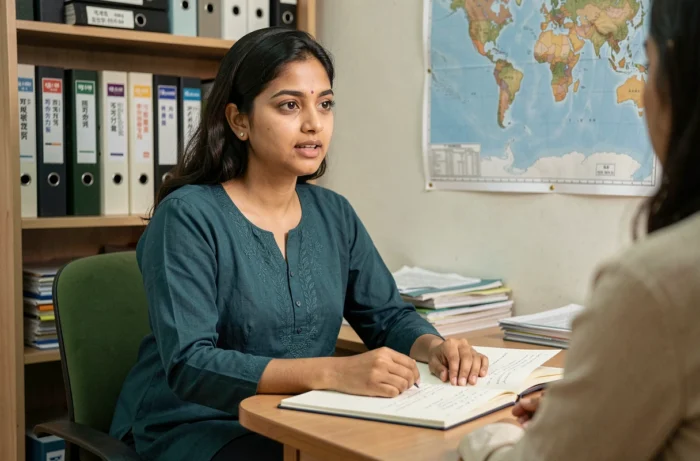 Jeune femme d'origine sud-asiatique lors d'une session de mentorat dans un bureau d'ONG, illustrant les programmes d'accompagnement féminin à l'international