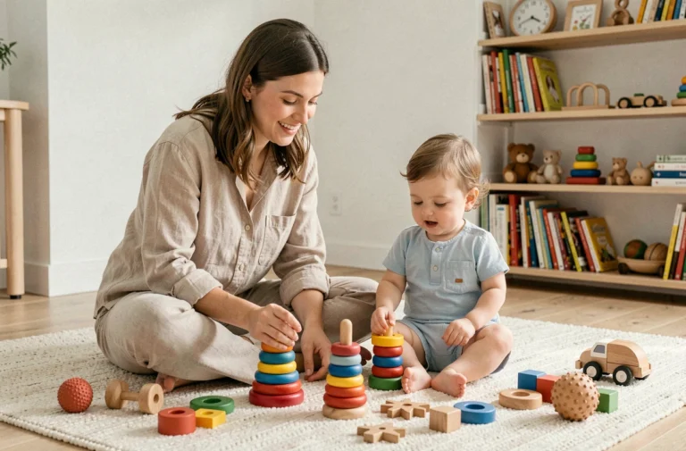 Mère et jeune enfant jouant ensemble avec des jouets en bois colorés sur un tapis en laine dans un salon scandinave, favorisant l'éveil et le développement sensoriel