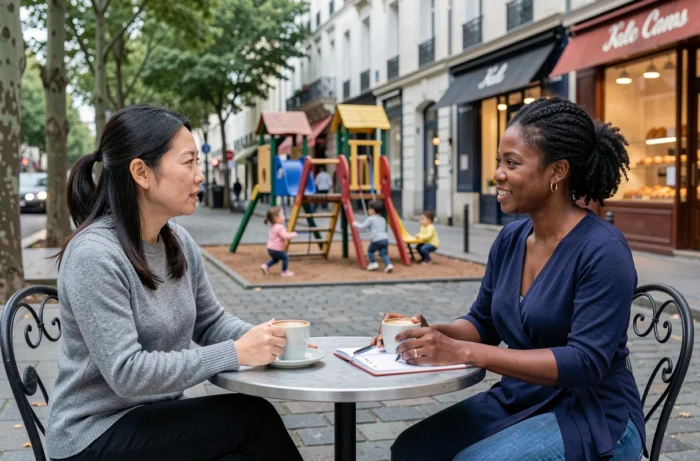 Deux mères de cultures différentes échangeant sur l'éducation de leurs enfants dans un café parisien