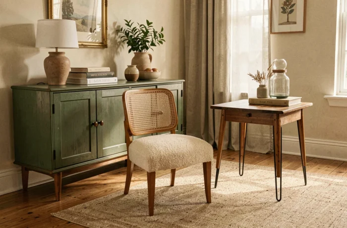 Salon meublé d'une sélection de meubles de seconde main restaurés : bahut en vert forêt, chaise cannée bouclée et table vintage à pieds épingle.