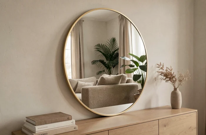 Grand miroir XXL rond à cadre en or brossé posé contre le mur d'un salon, reflétant les plantes et le canapé texturé de la pièce.