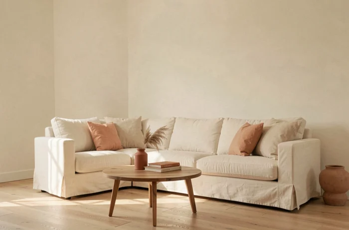 Salon peint dans une palette de neutres chauds couleur Cloud Dancer, avec canapé en lin ivoire, table basse en bois et accessoires en terracotta discrets.