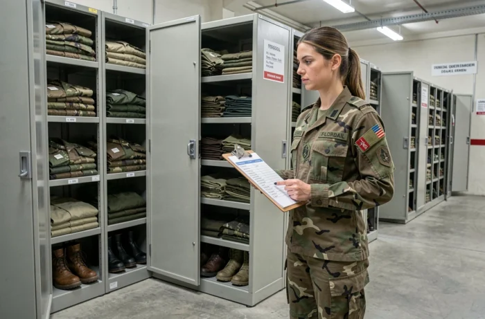 Officière militaire gérant un inventaire de dotation vestimentaire dans une salle de stockage de l'armée