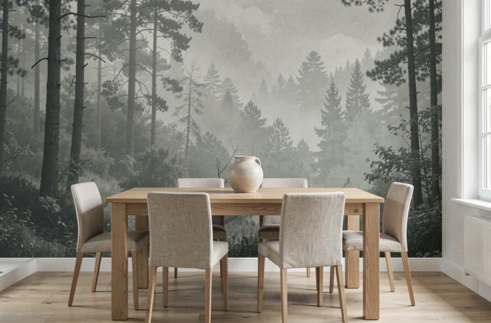 Salle à manger avec un mur unique recouvert d'un papier peint panoramique représentant une forêt brumeuse en tons sauge et anthracite.