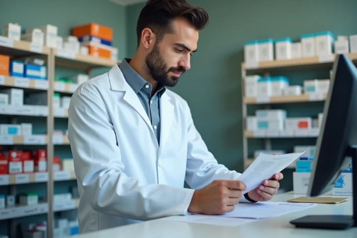 Pharmacien vérifiant un numéro AM sur une ordonnance dans une pharmacie française