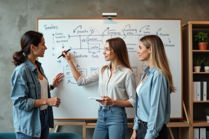 Trois collègues en train de planifier un projet collaboratif devant un tableau blanc dans un espace de coworking