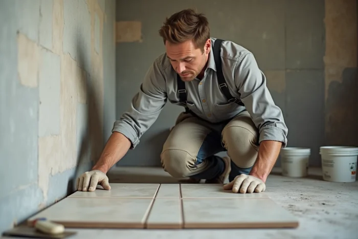 Carreleur professionnel posant du carrelage sur une toile de verre dans une salle de bain en rénovation