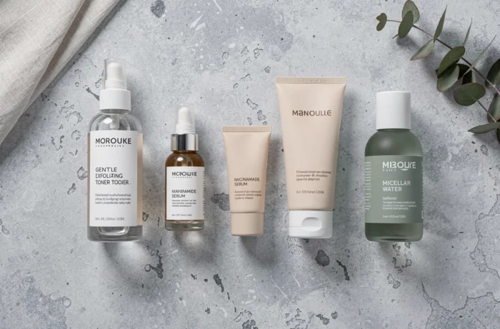 Sélection de produits de soin minimalistes en flat lay, alternatives à Typology disponibles chez Sephora pour une routine beauté efficace