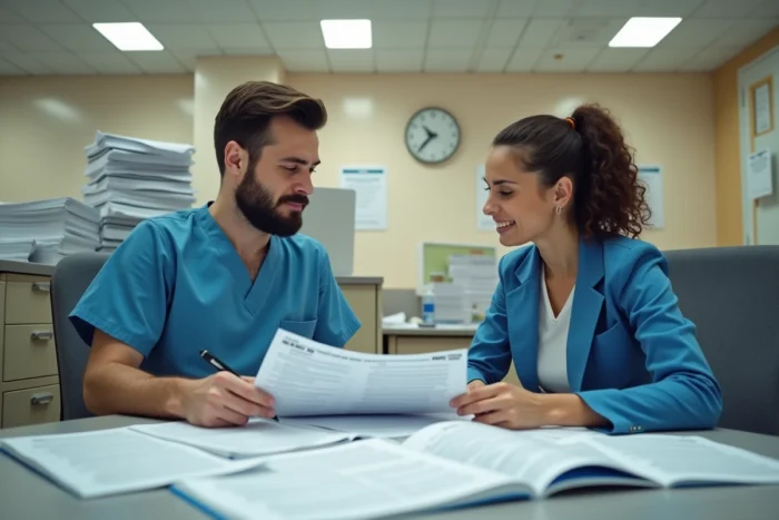 Infirmier et administratrice hospitalière consultant des formulaires CPAM liés au numéro AM dans un bureau d'hôpital français