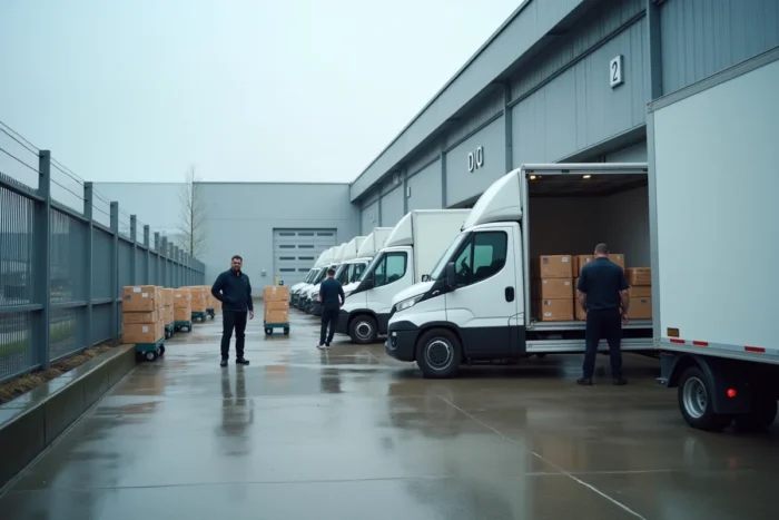 Quai de chargement d'un hub logistique de distribution avec livreurs chargeant des colis dans des camionnettes blanches