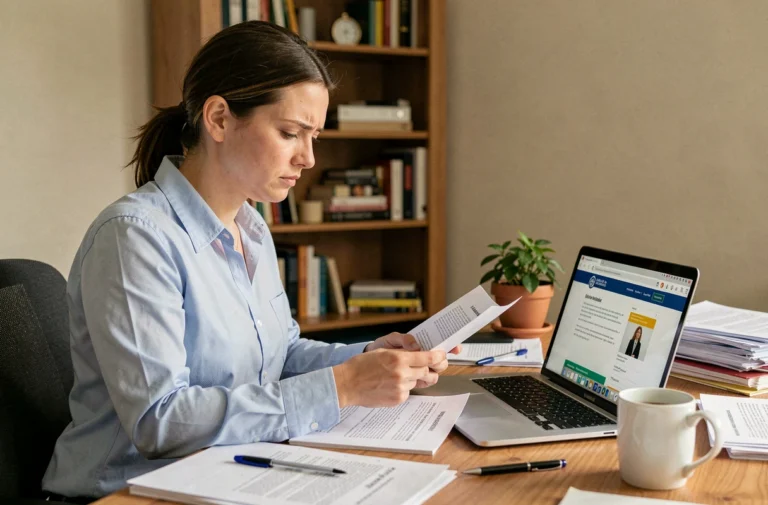 Femme consultant des documents officiels et un site gouvernemental pour trouver l'adresse exacte d'une entreprise