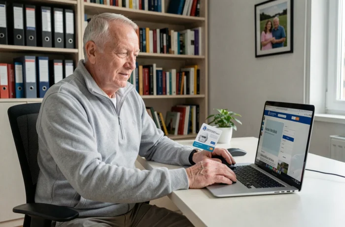 Retraité SNCF accédant au renouvellement du pass Carmillon en ligne sur son ordinateur portable