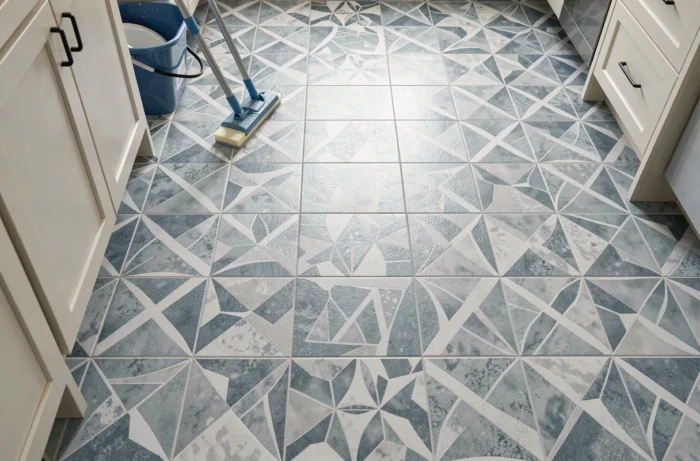Sol en vinyle imitation carreaux de ciment en motif géométrique bleu-gris et blanc fraîchement posé dans une pièce de vie.