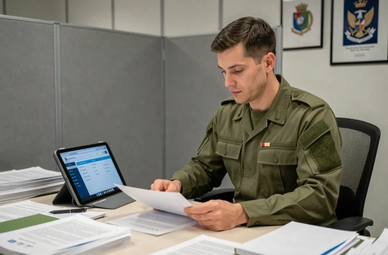 Soldat militaire français consultant son droit à l'habillement sur une tablette dans un bureau administratif