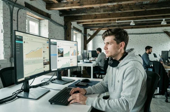 Spécialiste en marketing digital travaillant sur des tableaux de bord analytiques dans un espace de coworking breton