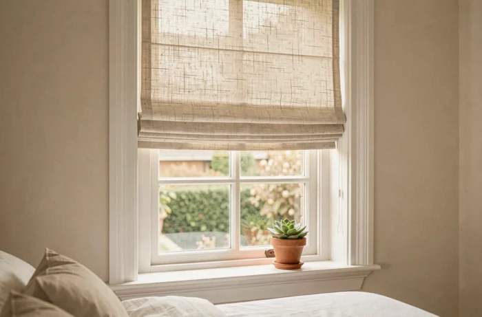 Fenêtre de chambre habillée d'un store en lin naturel non teint laissant filtrer la lumière, avec un succulent sur le rebord et un encadrement blanc.