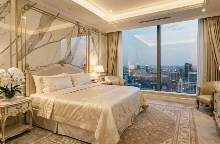 Suite royale d'un hôtel 6 étoiles de luxe avec lit en soie, murs en marbre et vue panoramique sur la ville